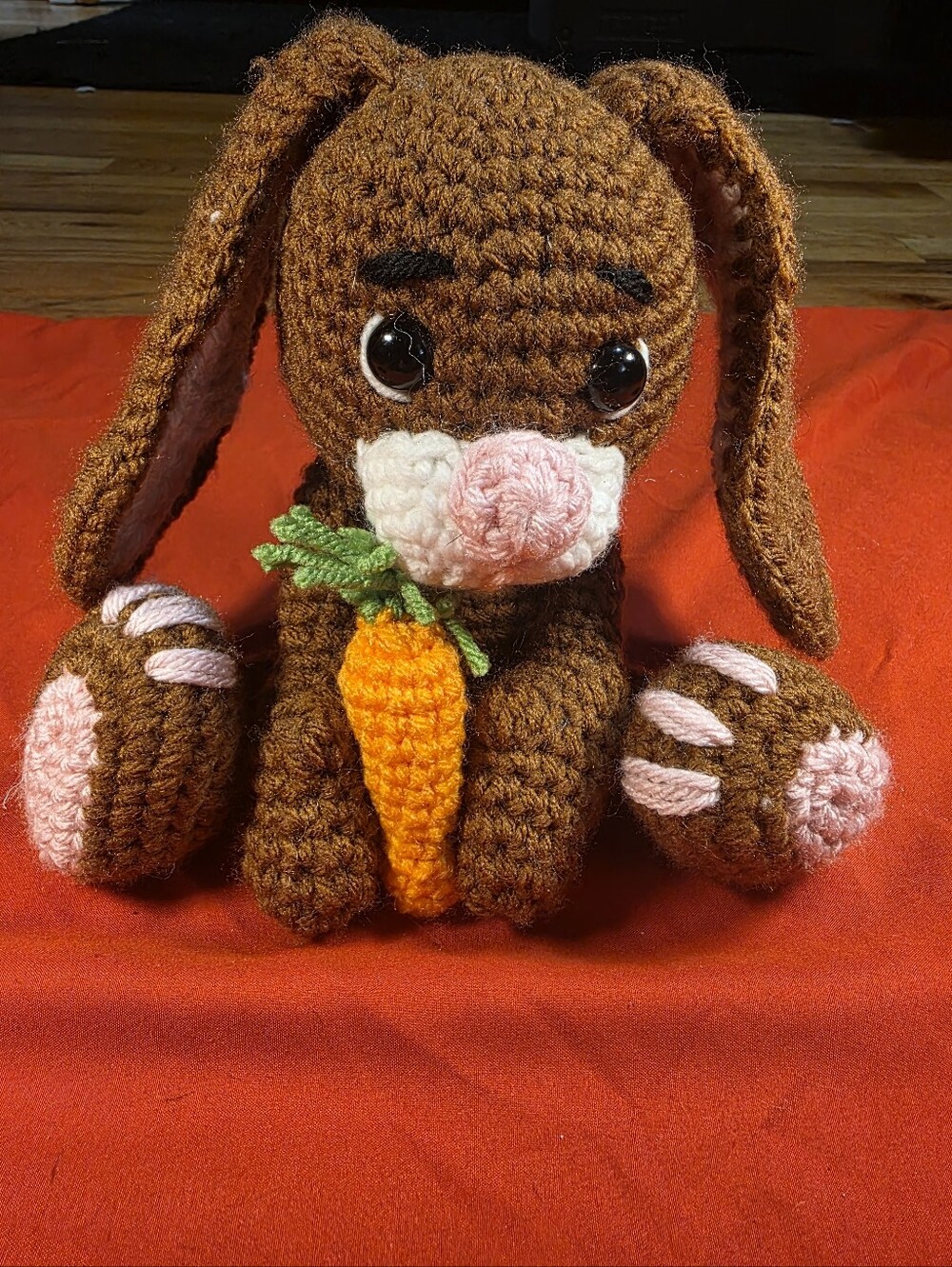 Handmade Crocheted Brown Bunny Plush with Carrot